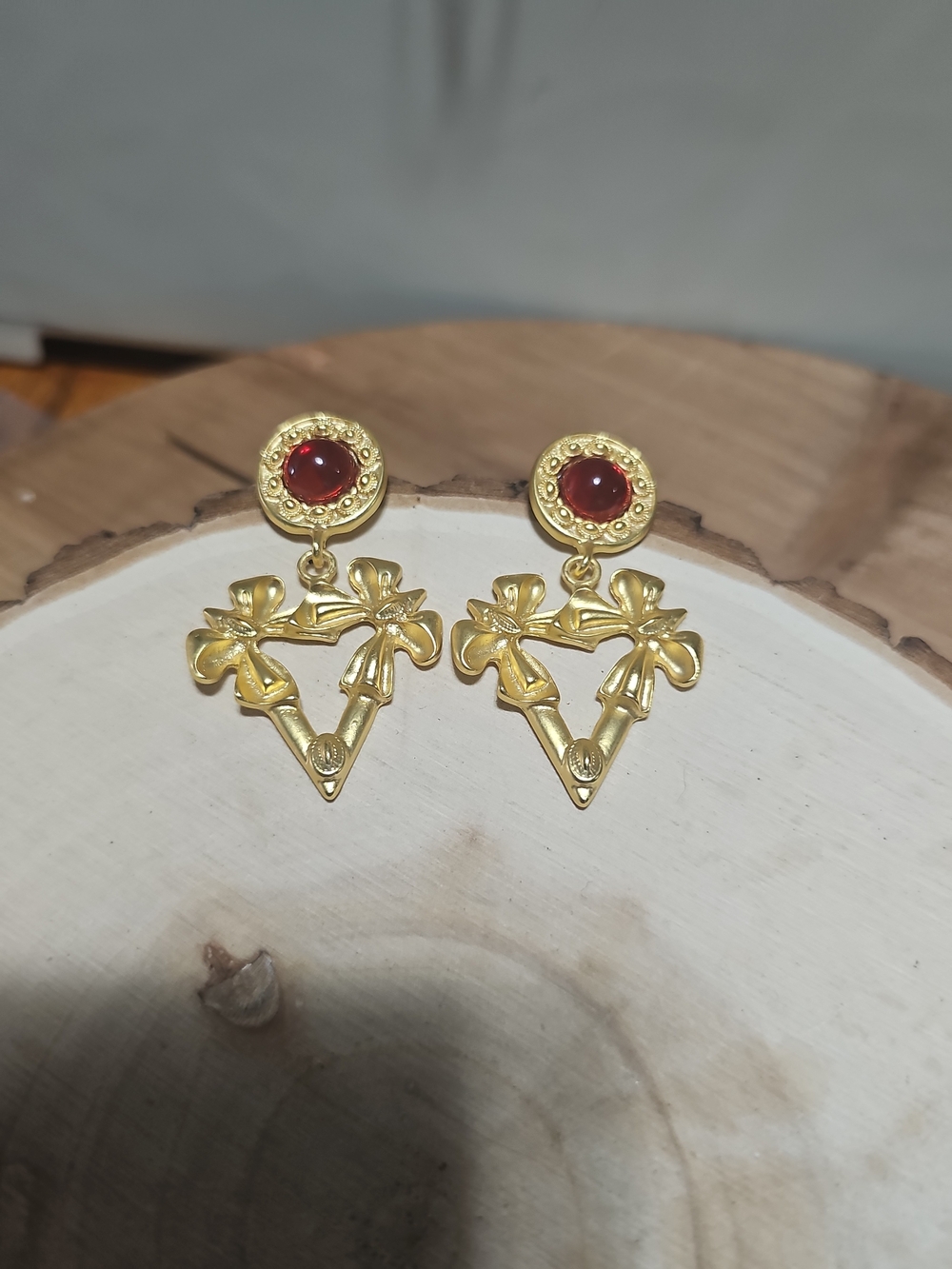 Gold-Tone Floral Triangle Drop Earrings with Red Stone